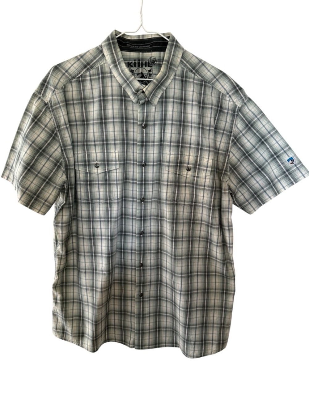 KUHL Men's XL Plaid Short-Sleeve Button Up Shirt Green & White Linen Cotton